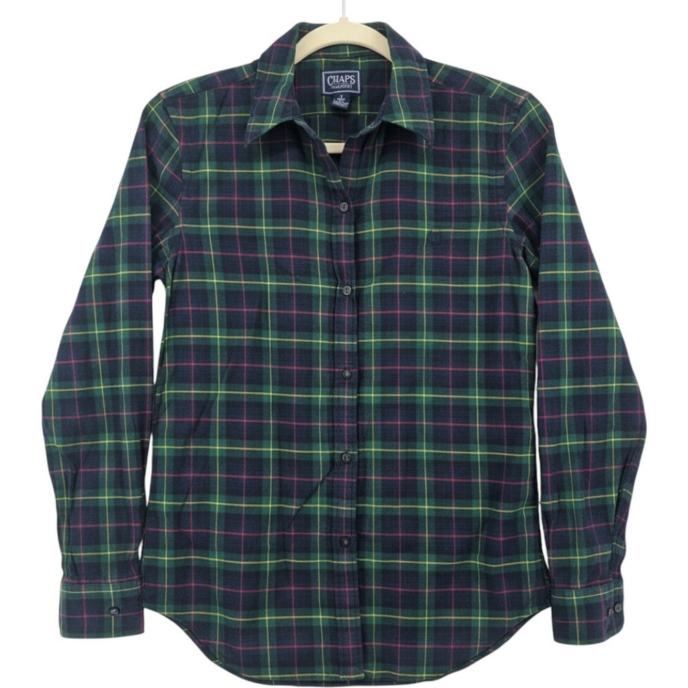 Chaps Classics Plaid Flannel Button Down Shirt Women Small Green Navy Red Yellow